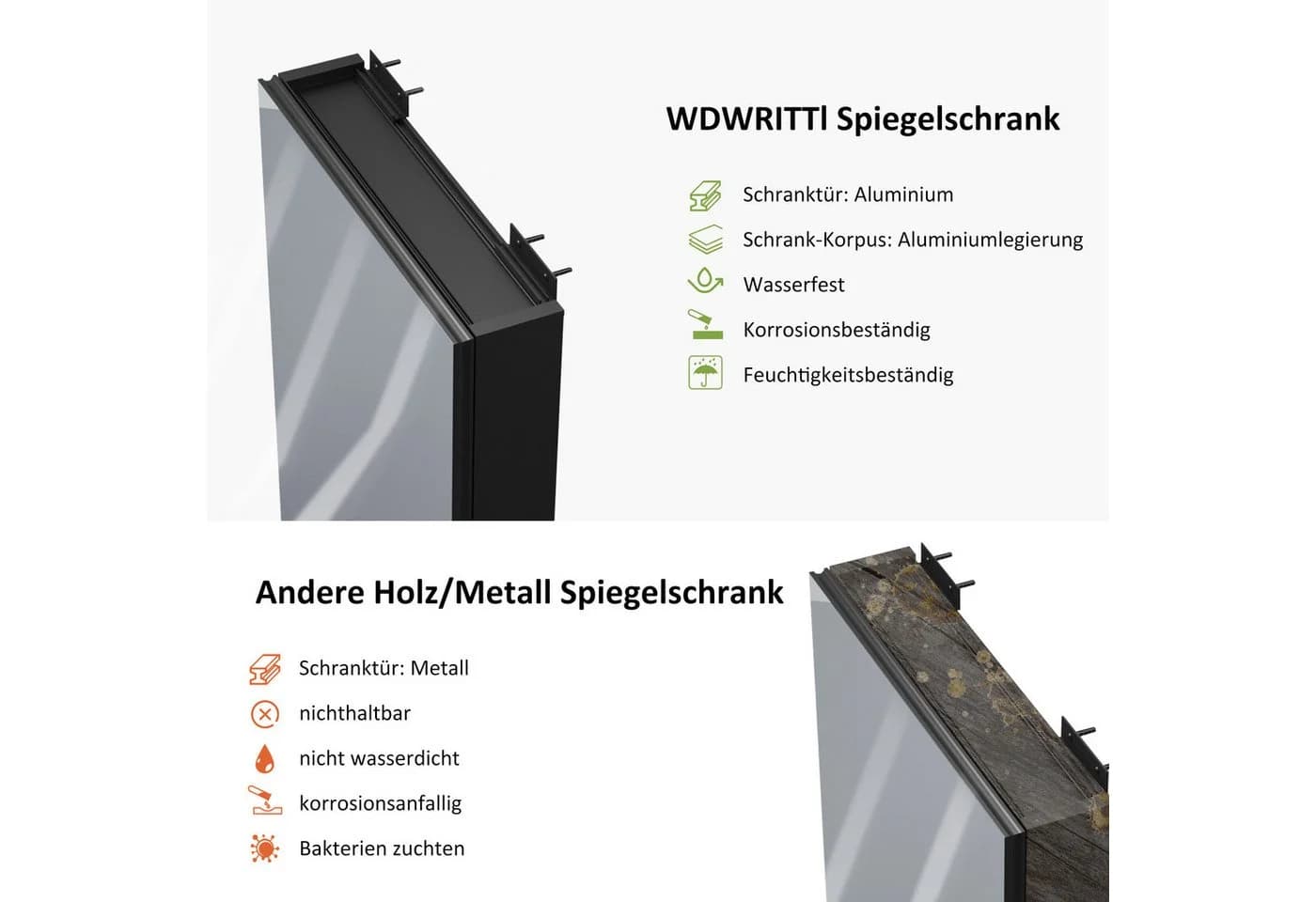 WDWRITTI Spiegelschrank Bad Alu Schwarz Matt Doppelseitiger Spiegel - Bild 5