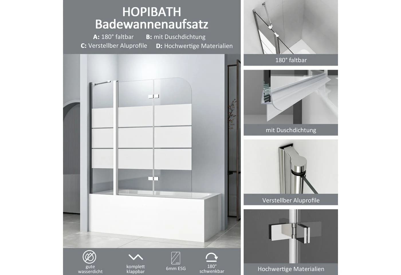 Hopibath Badewannenfaltwand 3-teilig Milchglas - Bild 3