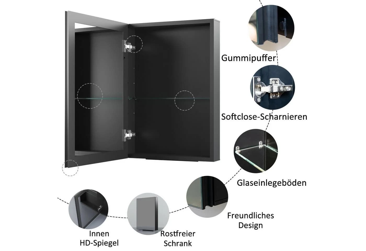 Hopibath Spiegelschrank Alu Schwarz Matt mit Glasböden - Bild 3