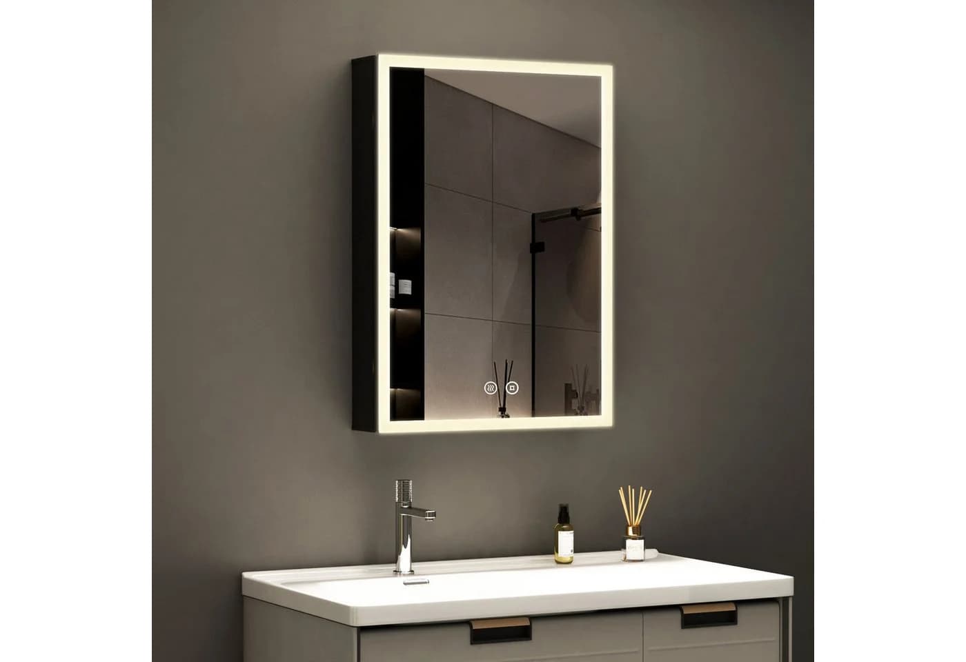 WDWRITTI Spiegelschrank 40x60 cm Bad Schwarz Alu mit Beleuchtung - Bild 2