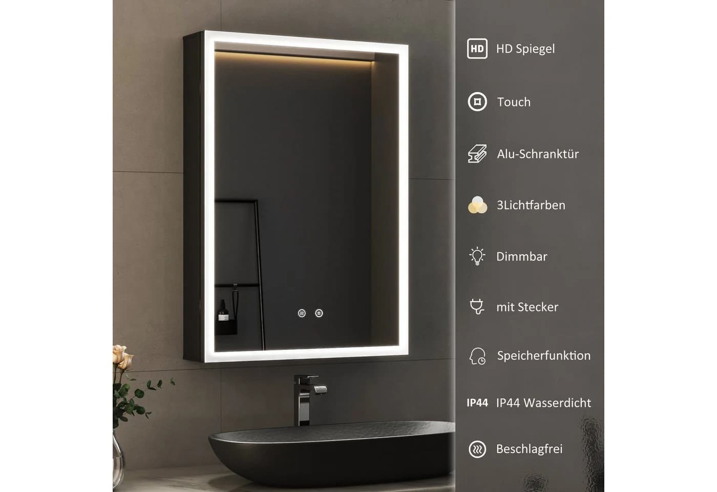 WDWRITTI Spiegelschrank 40x60 cm Bad Schwarz Alu mit Beleuchtung - Bild 3