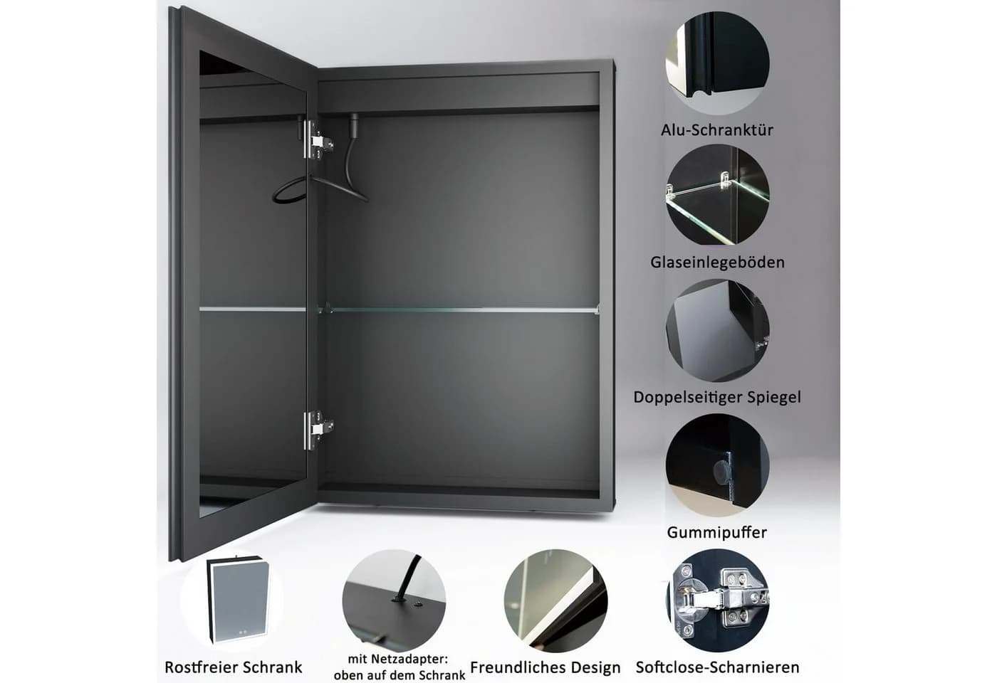 WDWRITTI Spiegelschrank 40x60 cm Bad Schwarz Alu mit Beleuchtung - Bild 4