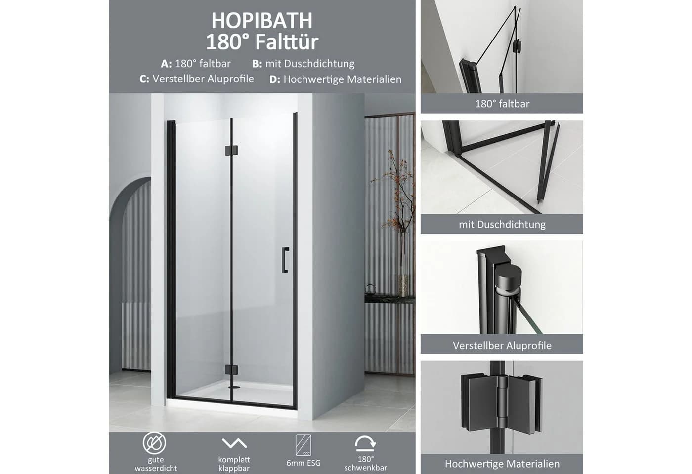 Hopibath Dusch-Falttür Schwarz 5mm ESG Glas Nano-Beschichtung 180° Faltbar - Bild 4