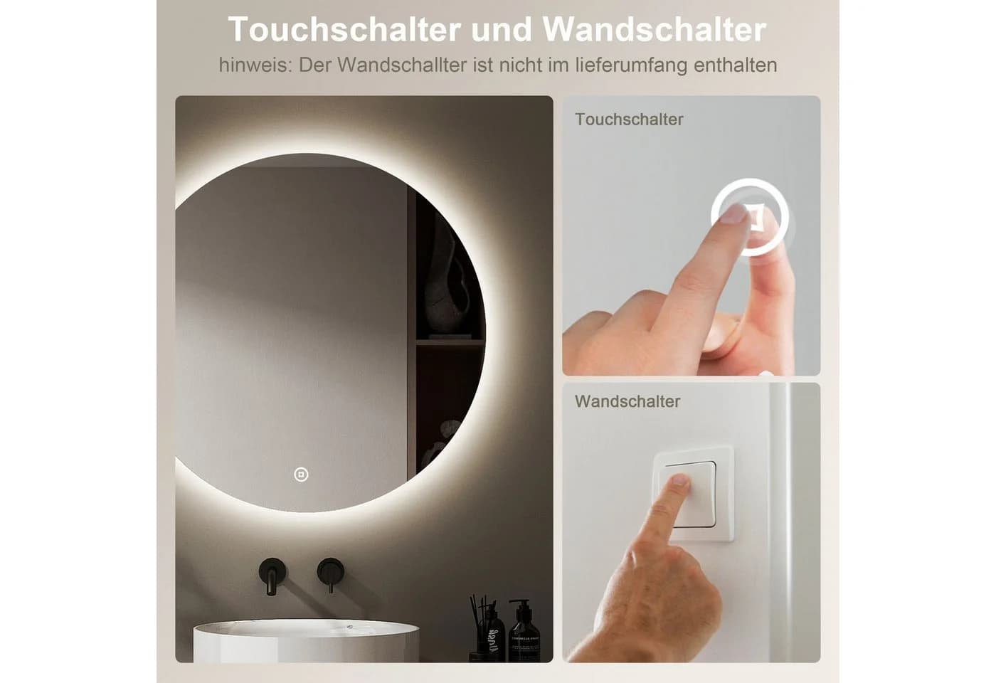 WDWRITTI LED Badspiegel 60x60cm mit 3 Lichtfarben & Dimmfunktion - Bild 5
