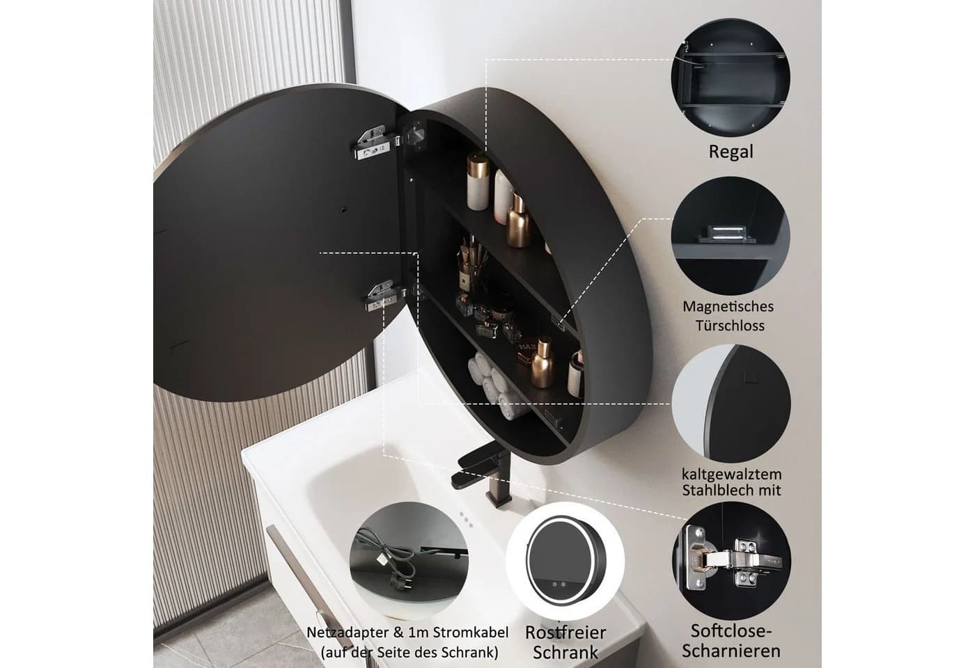 WDWRITTI LED Spiegelschrank Bad 60 cm LED Beleuchtung Schwarz - Bild 5