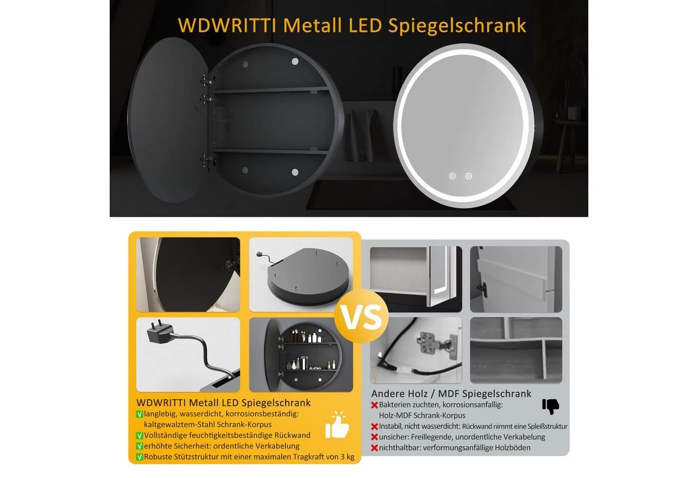 WDWRITTI Spiegelschrank Badezimmer 80cm LED Metall