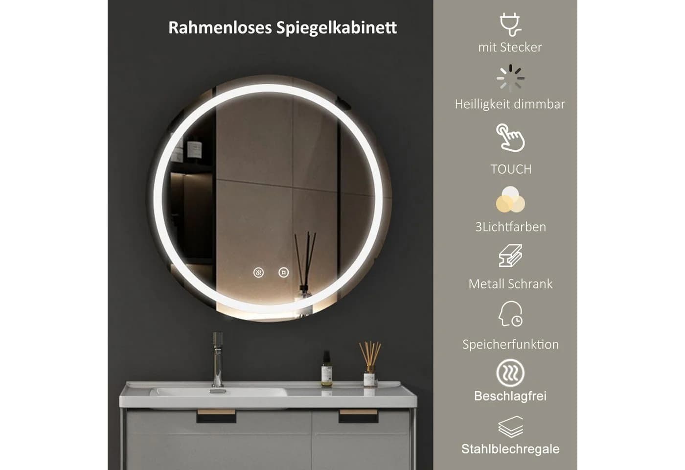 WDWRITTI Spiegelschrank Badezimmer 80cm LED Metall - Bild 3