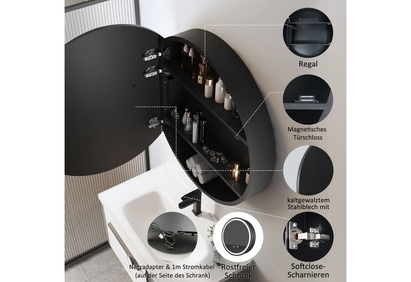 WDWRITTI Spiegelschrank Badezimmer 80cm LED Metall - Bild 4