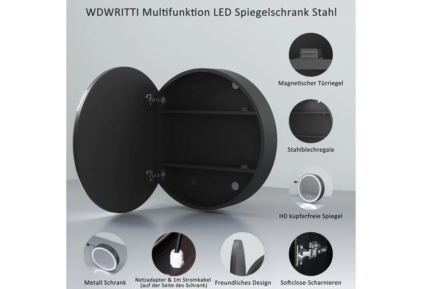 Moderner Spiegelschrank aus Stahlblech, Schwarz