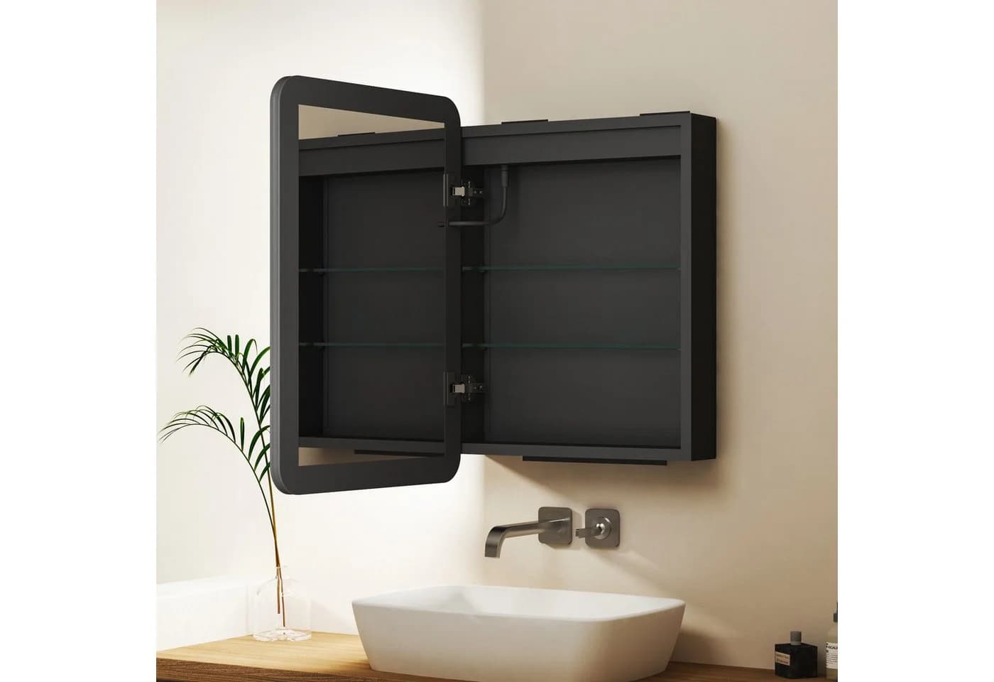 WDWRITTI Spiegelschrank Rechteckig Schwarz Aluminium Badezimmerspiegelschrank 1türig 50x70cm 3Lichtmodi Dimmbar Anti-fog Memory Doppelseitiger HD Spiegel vormontiert geliefert IP44 - Bild 3
