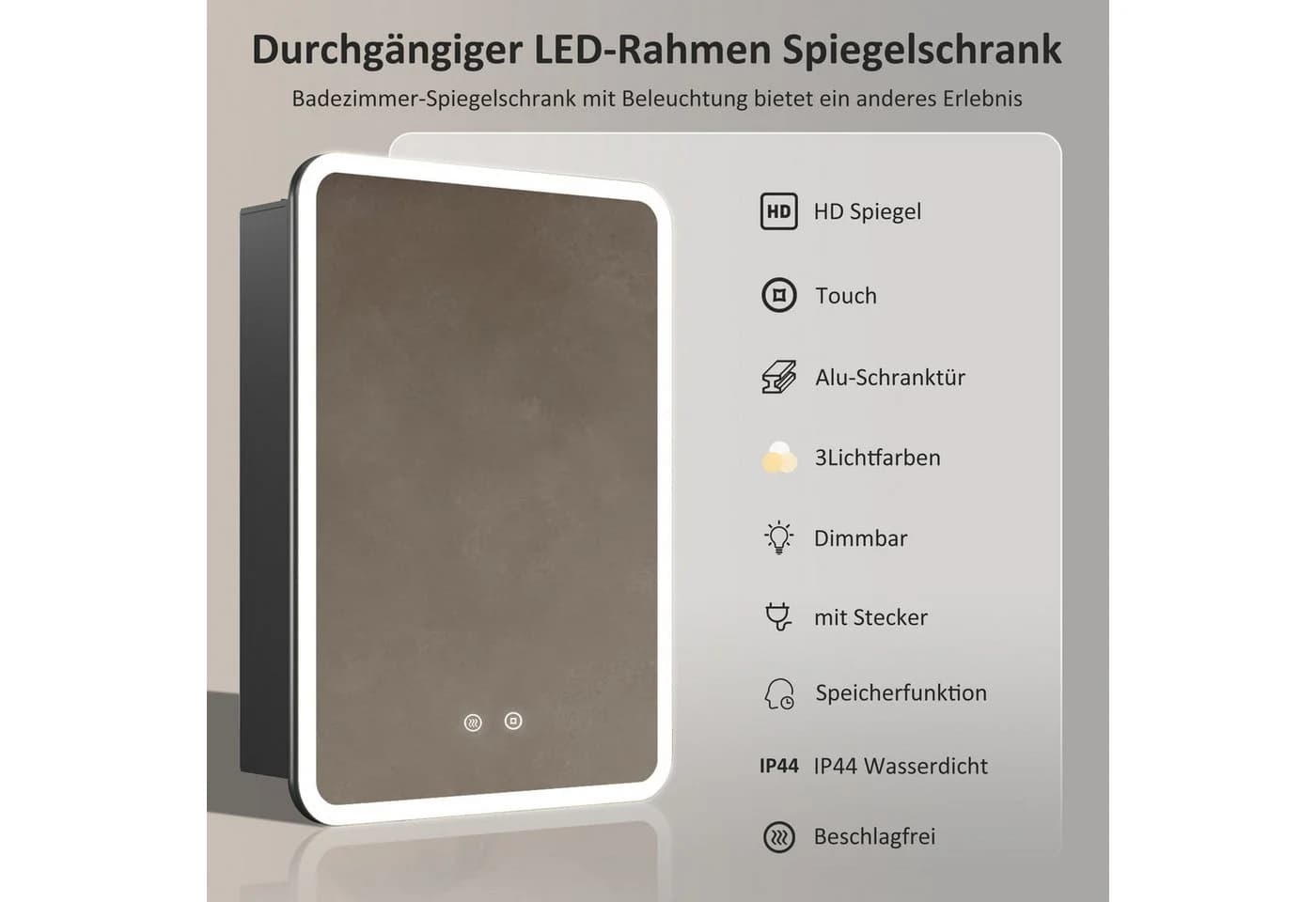 WDWRITTI Spiegelschrank Rechteckig Schwarz Aluminium Badezimmerspiegelschrank 1türig 50x70cm 3Lichtmodi Dimmbar Anti-fog Memory Doppelseitiger HD Spiegel vormontiert geliefert IP44 - Bild 4