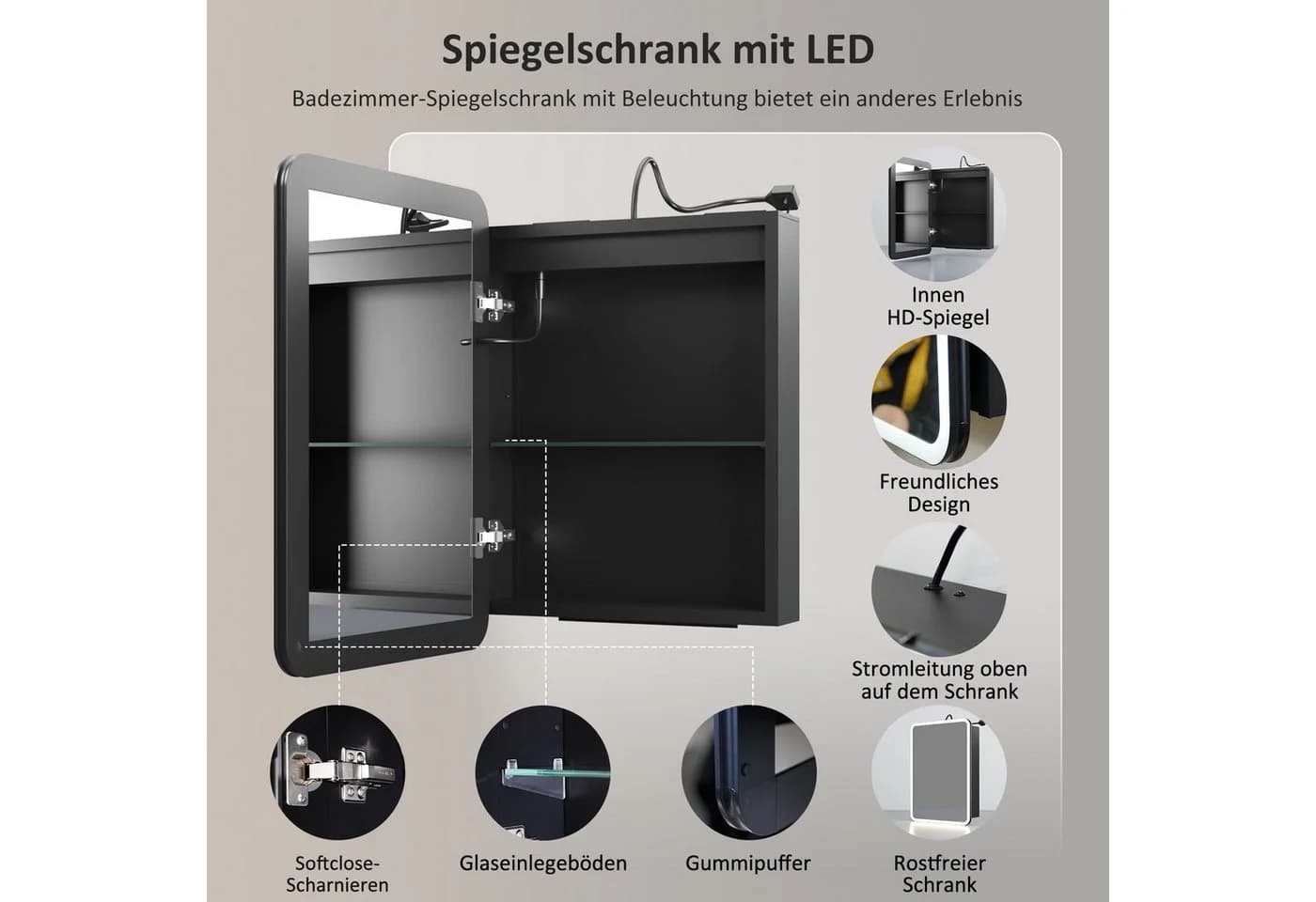 WDWRITTI Spiegelschrank Rechteckig Schwarz Aluminium Badezimmerspiegelschrank 1türig 50x70cm 3Lichtmodi Dimmbar Anti-fog Memory Doppelseitiger HD Spiegel vormontiert geliefert IP44 - Bild 5