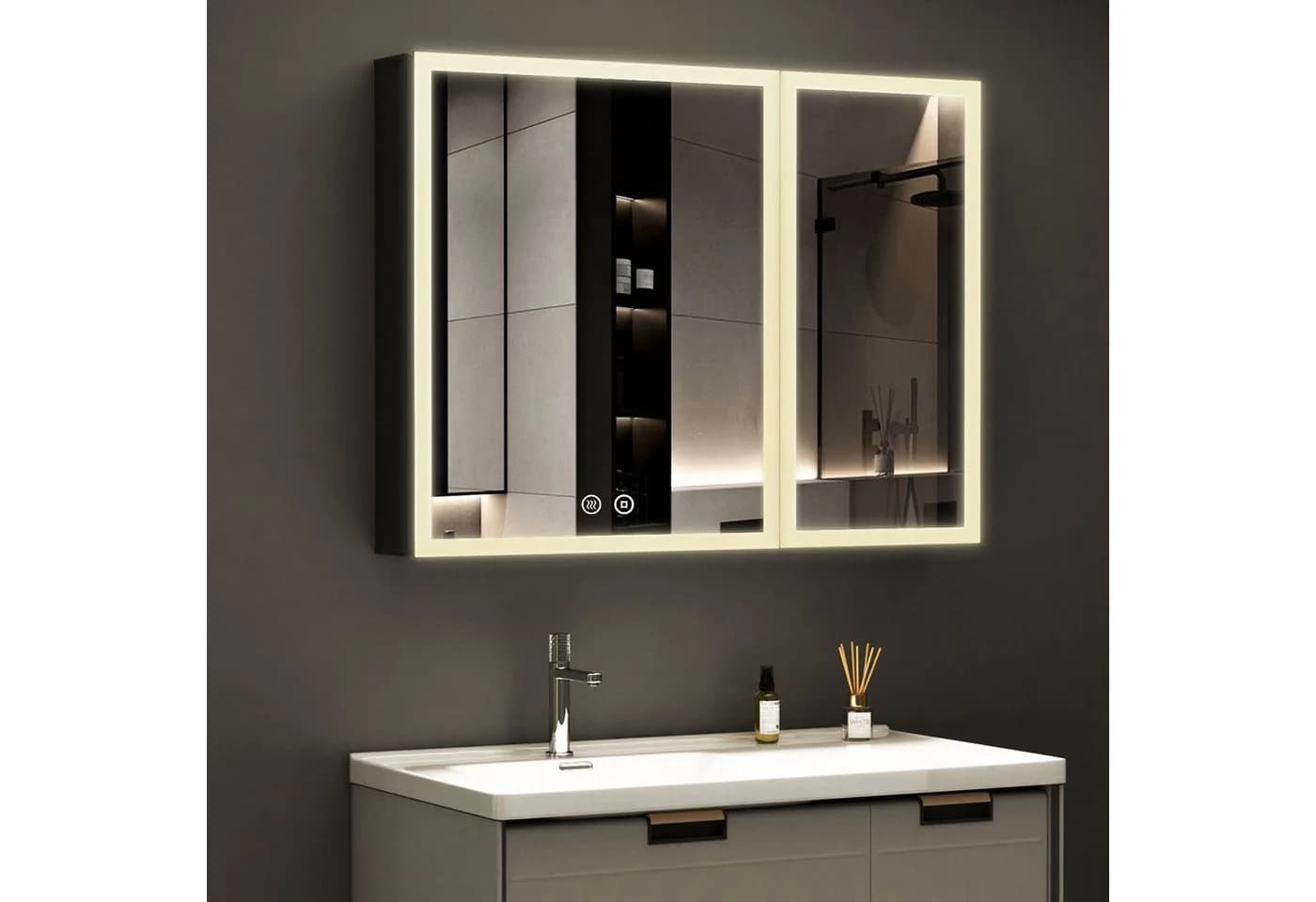 WDWRITTI Spiegelschrank mit Beleuchtung 3Lichtmodi Dimmbar Badezimmerspiegelschrank LED 80x60 Aluminium LED Wandschrank Hängeschrank Schwarz 2 türig - Bild 2