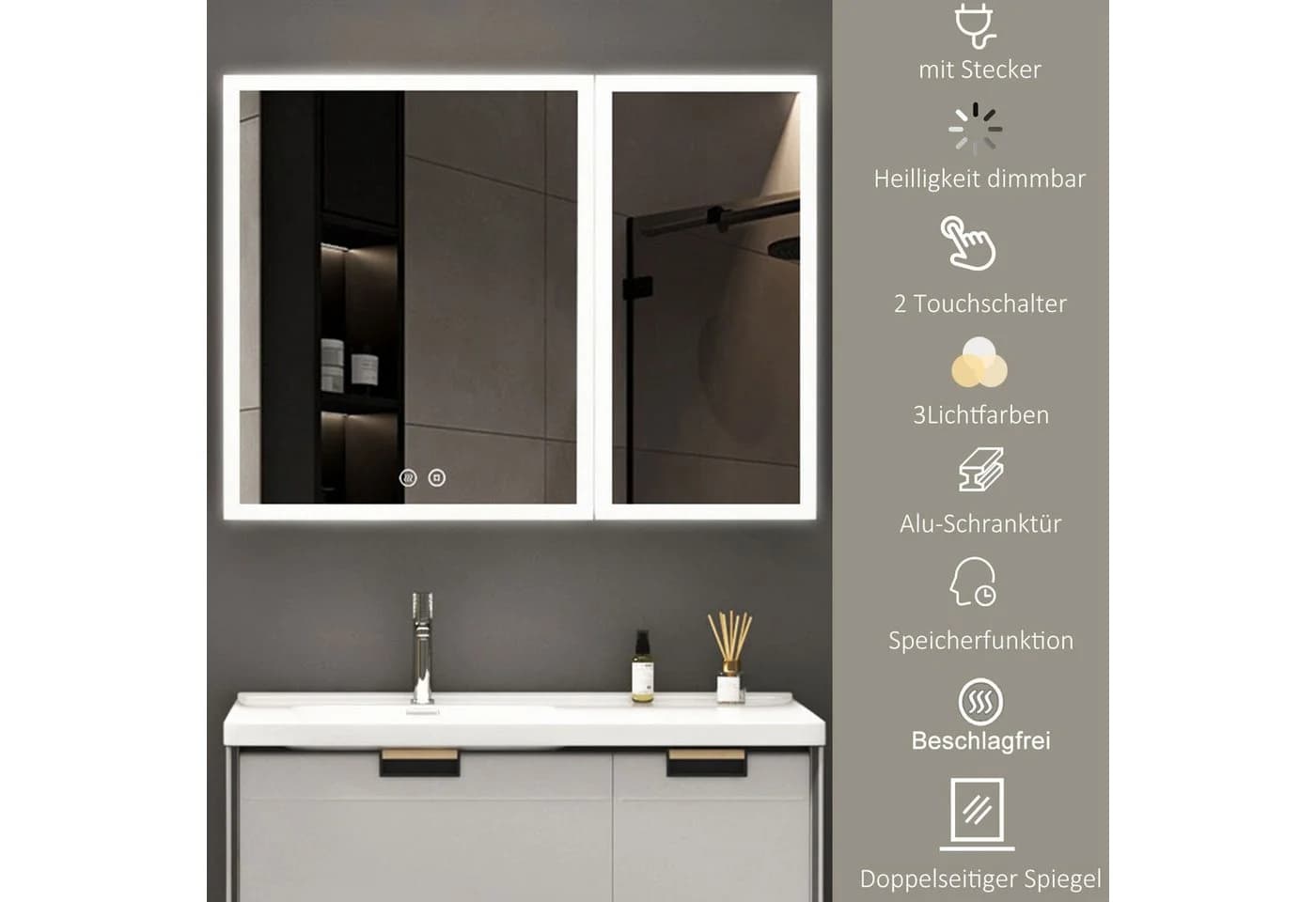 WDWRITTI Spiegelschrank mit Beleuchtung 3Lichtmodi Dimmbar Badezimmerspiegelschrank LED 80x60 Aluminium LED Wandschrank Hängeschrank Schwarz 2 türig - Bild 3
