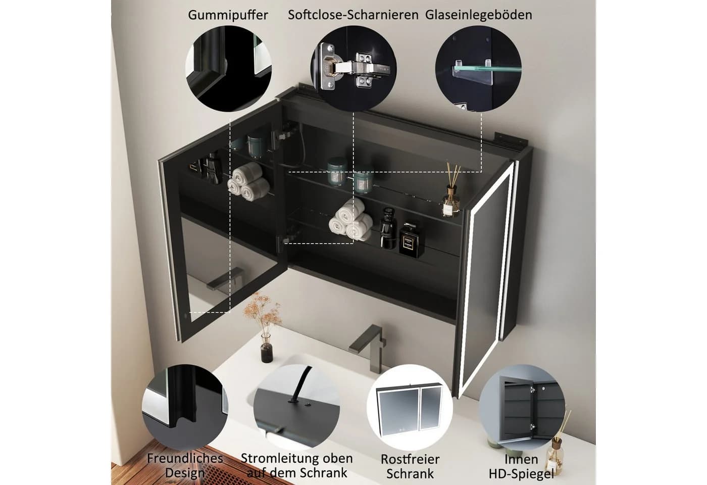WDWRITTI Spiegelschrank mit Beleuchtung 3Lichtmodi Dimmbar Badezimmerspiegelschrank LED 80x60 Aluminium LED Wandschrank Hängeschrank Schwarz 2 türig - Bild 4