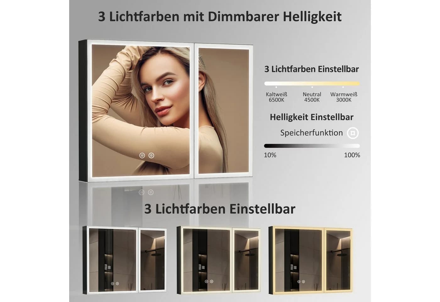 WDWRITTI Spiegelschrank mit Beleuchtung 3Lichtmodi Dimmbar Badezimmerspiegelschrank LED 80x60 Aluminium LED Wandschrank Hängeschrank Schwarz 2 türig - Bild 5