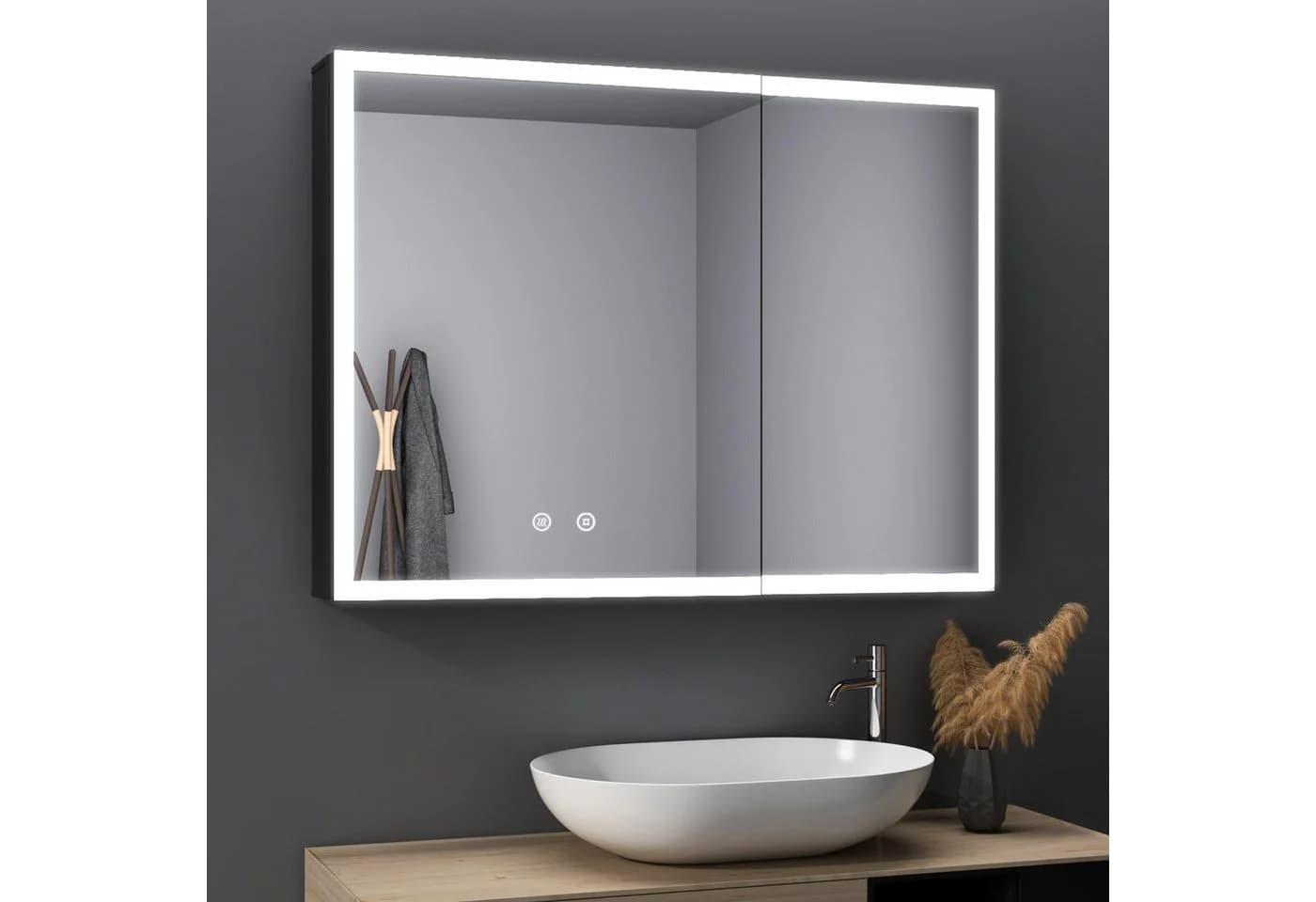 WDWRITTI Spiegelschrank mit Beleuchtung 3Lichtmodi Dimmbar Badezimmerspiegelschrank LED 80x60 Schwarz - Bild 2