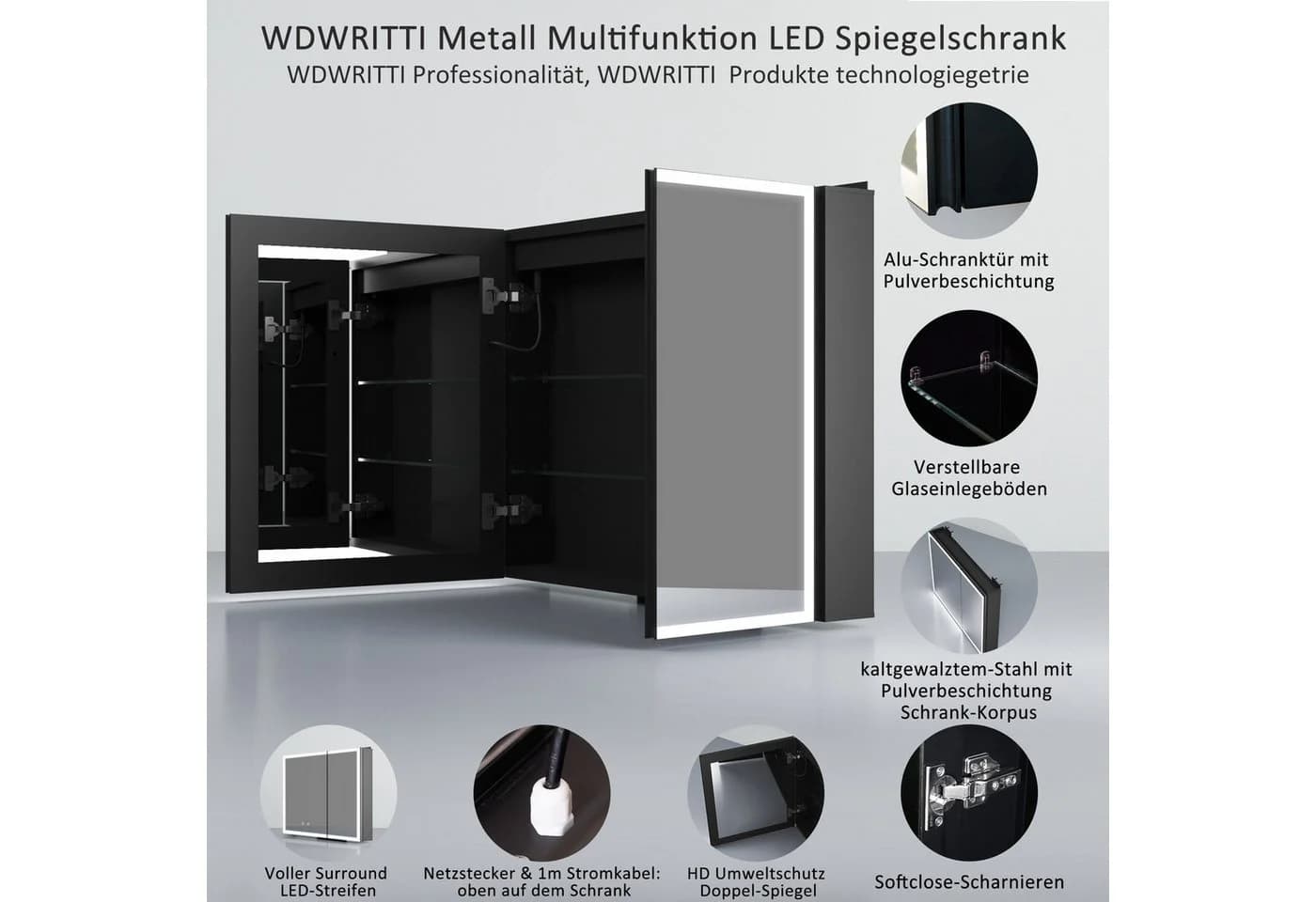 WDWRITTI Spiegelschrank mit Beleuchtung 3Lichtmodi Dimmbar Badezimmerspiegelschrank LED 80x60 Schwarz - Bild 3
