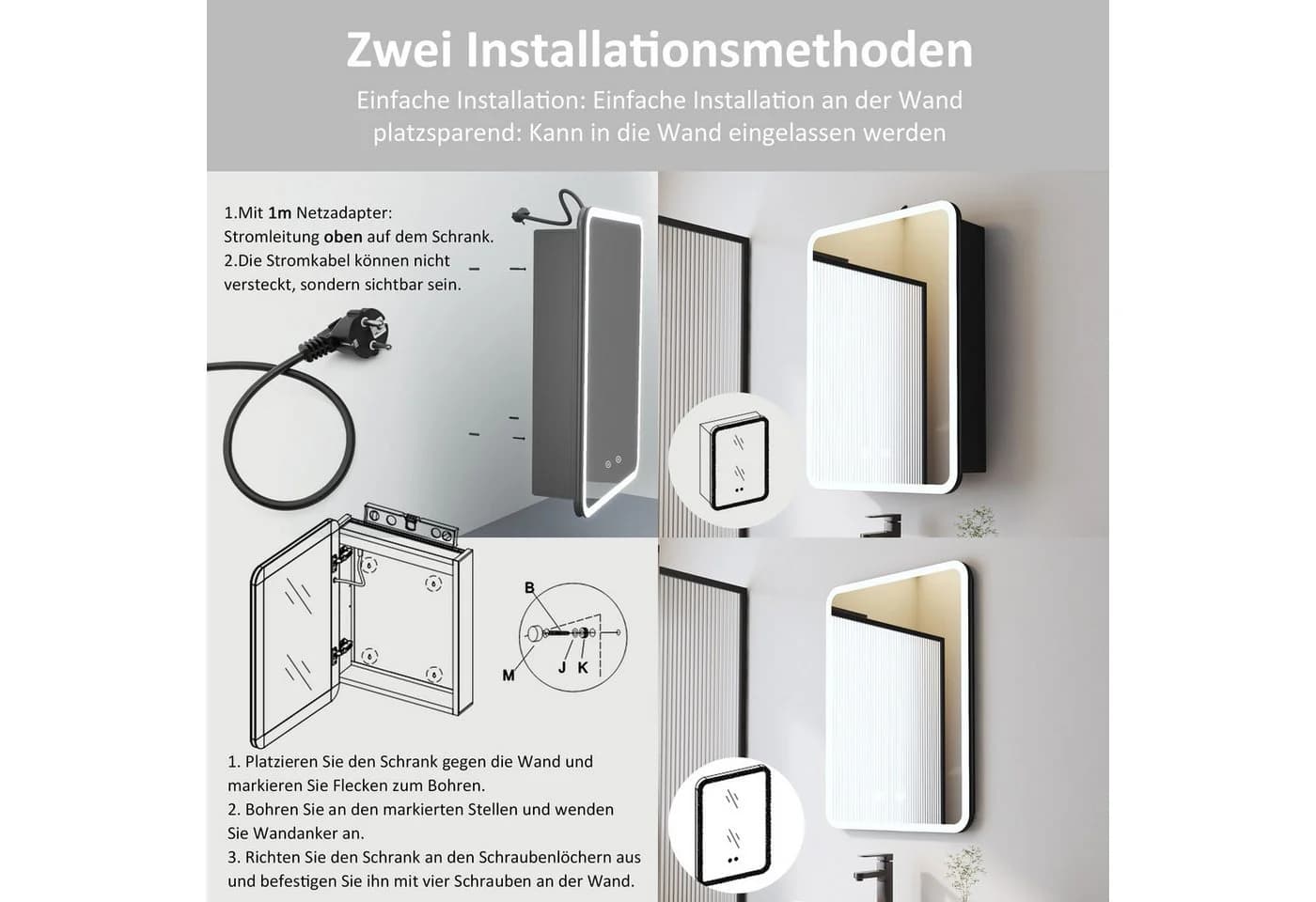 WDWRITTI Spiegelschrank Schwarz mit LED-Beleuchtung und Anti-Fog - Bild 4
