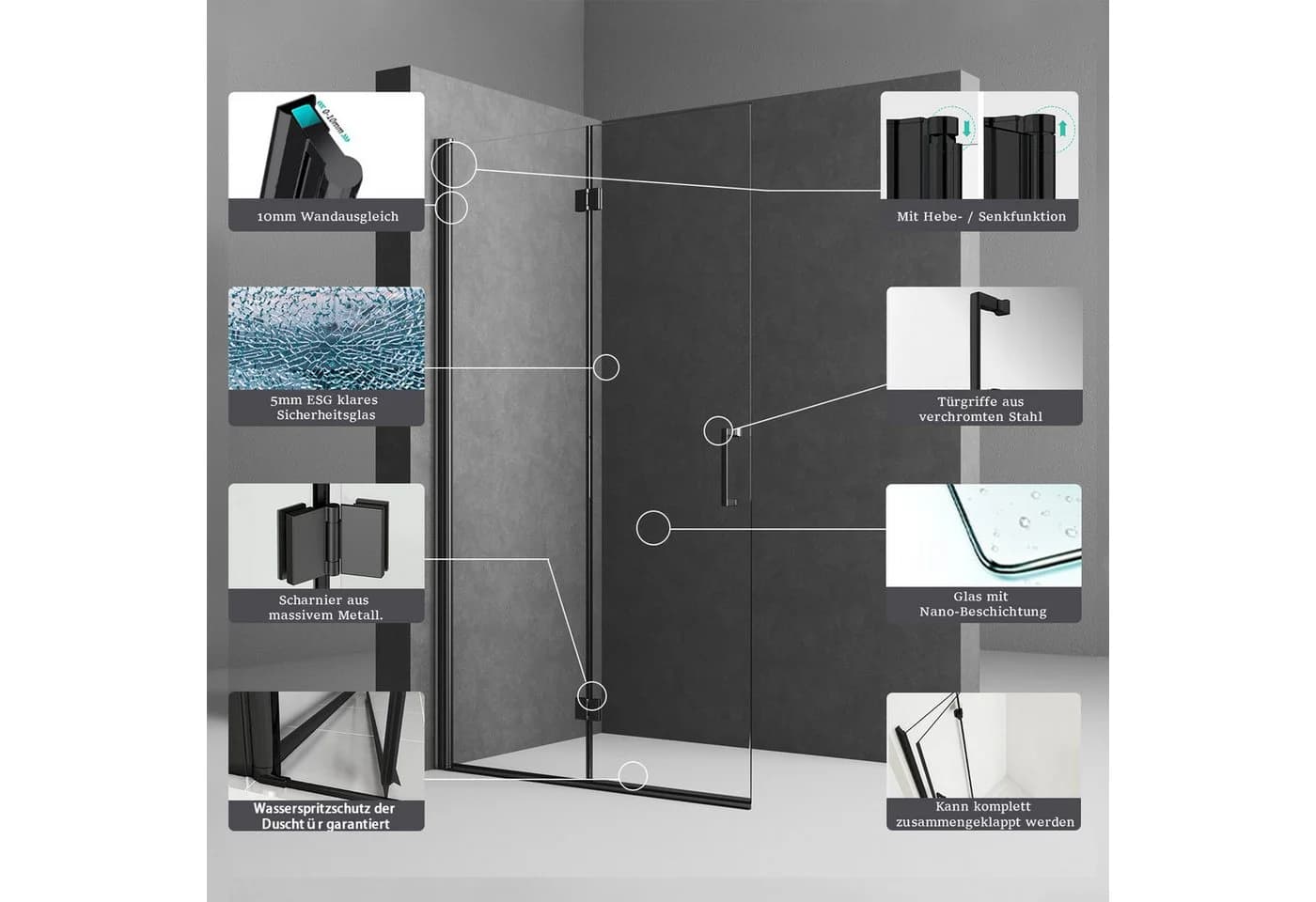 Boromal Walk-in-Dusche Schwarz 5mm ESG Glas Nano-Beschichtung faltbar - Bild 3