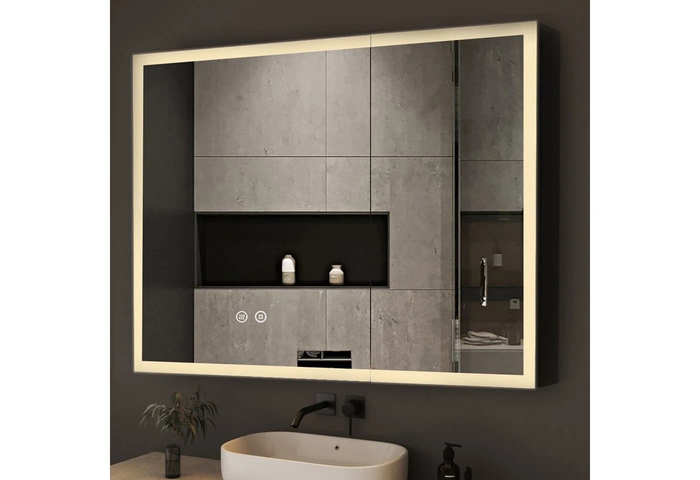 WDWRITTI Badspiegel Spiegelschrank mit Beleuchtung 80x12,5x60cm 2 Türen Dimmbar Anti-Fog Alu-Schranktür Doppelseitiger Spiegel IP44 - Bild 2