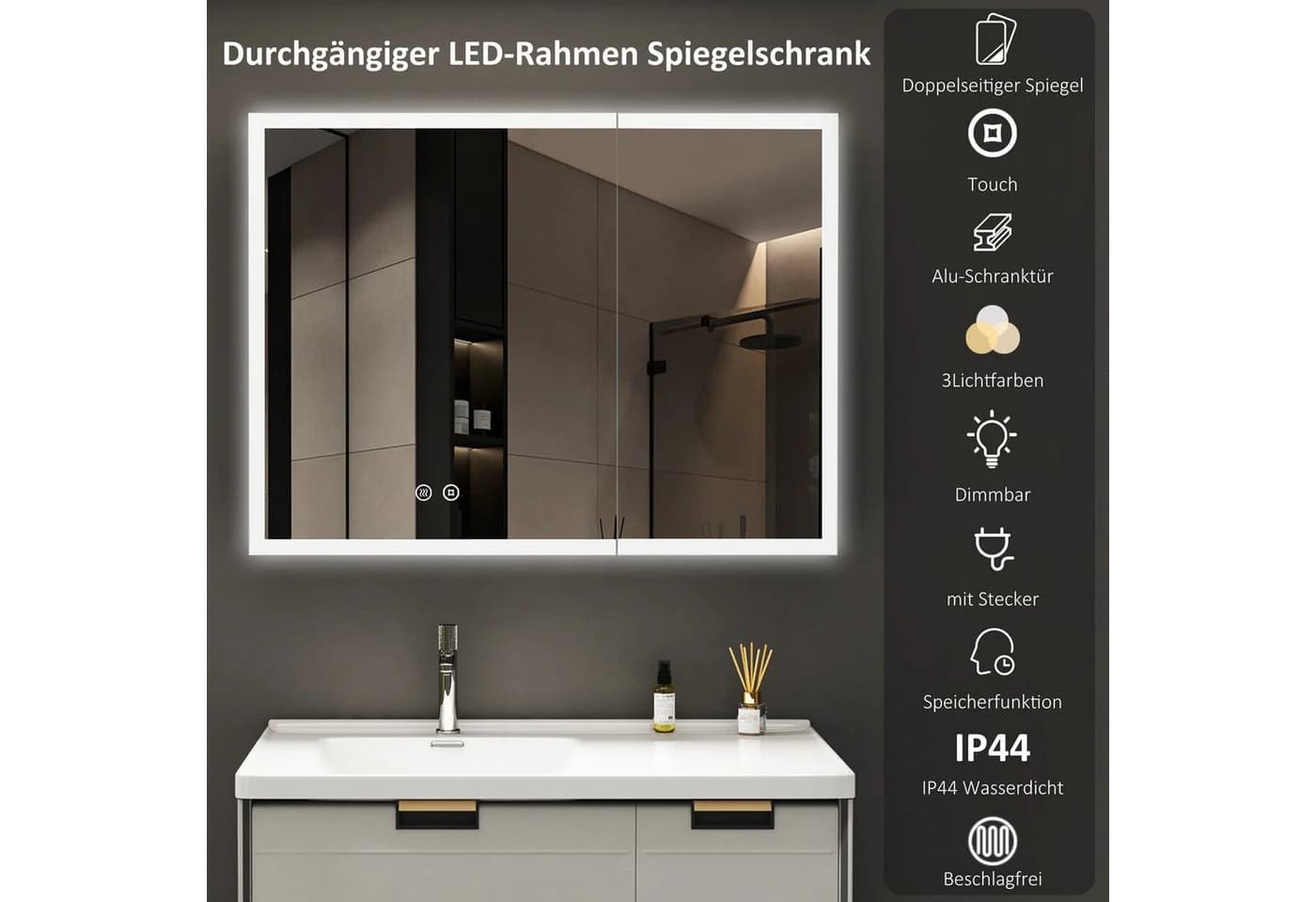 WDWRITTI Badspiegel Spiegelschrank mit Beleuchtung 80x12,5x60cm 2 Türen Dimmbar Anti-Fog Alu-Schranktür Doppelseitiger Spiegel IP44 - Bild 3