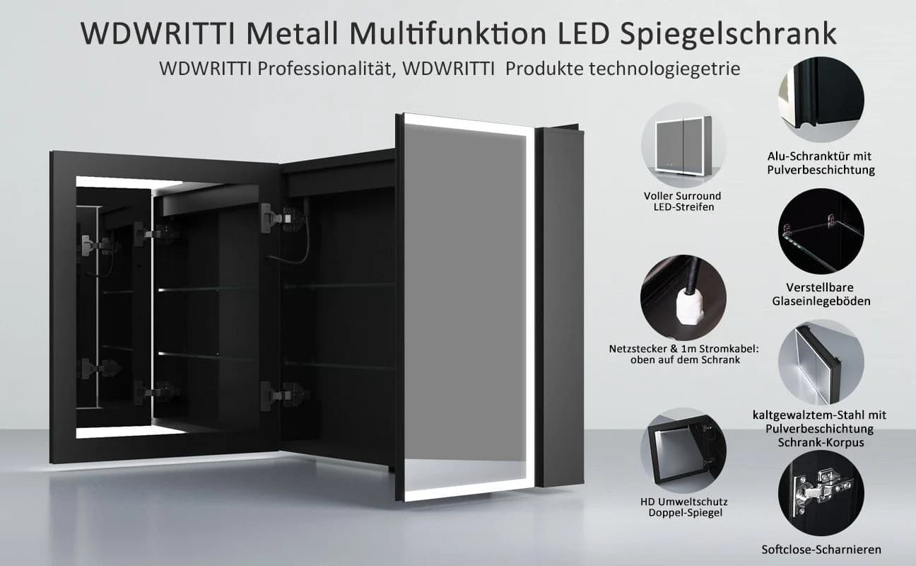 WDWRITTI Badspiegel Spiegelschrank mit Beleuchtung 80x12,5x60cm 2 Türen Dimmbar Anti-Fog Alu-Schranktür Doppelseitiger Spiegel IP44 - Bild 5
