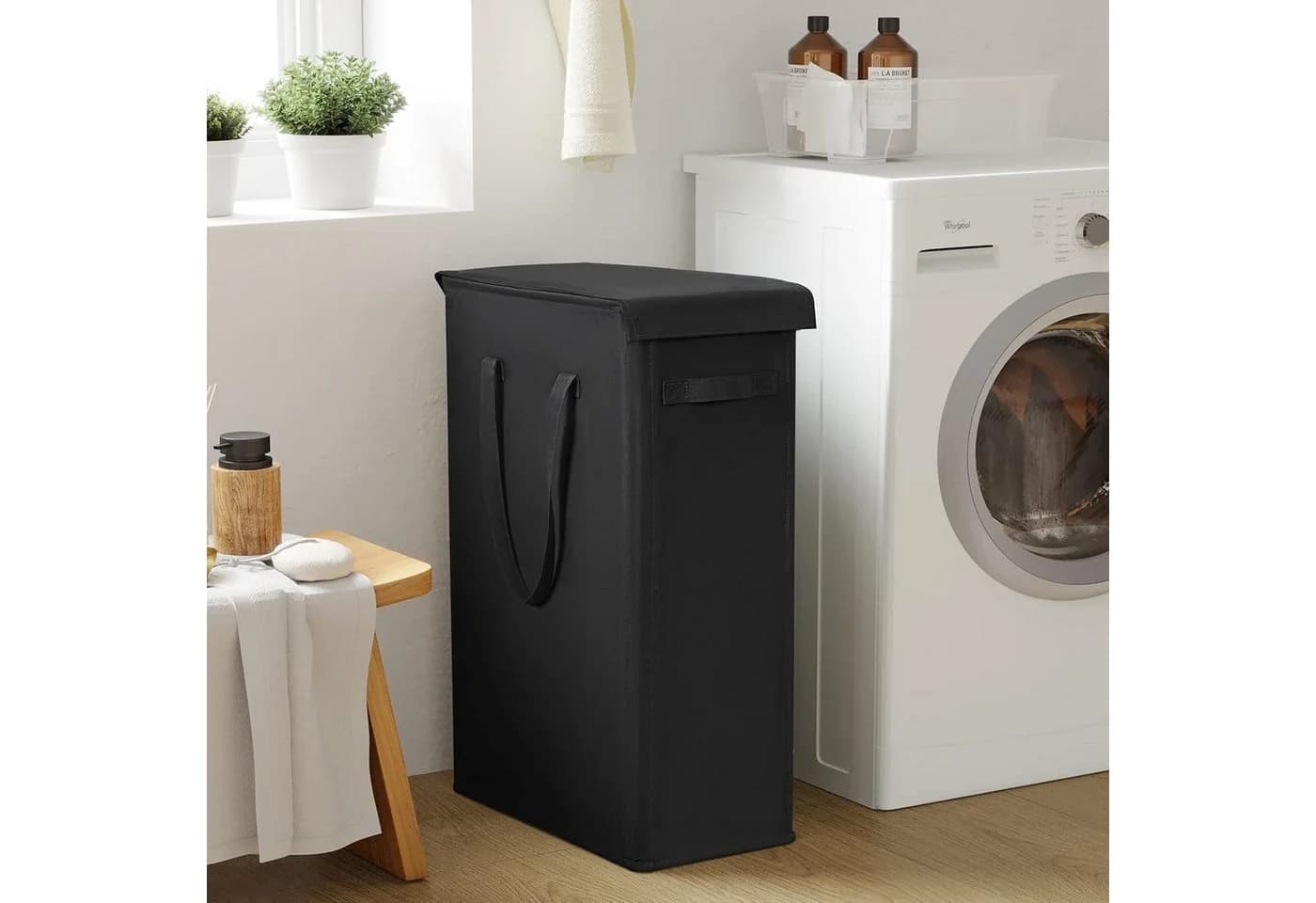 FABATO Wäschekorb 60L Beige/Schwarz Schmaler Wäschekorb mit Deckel - Bild 3