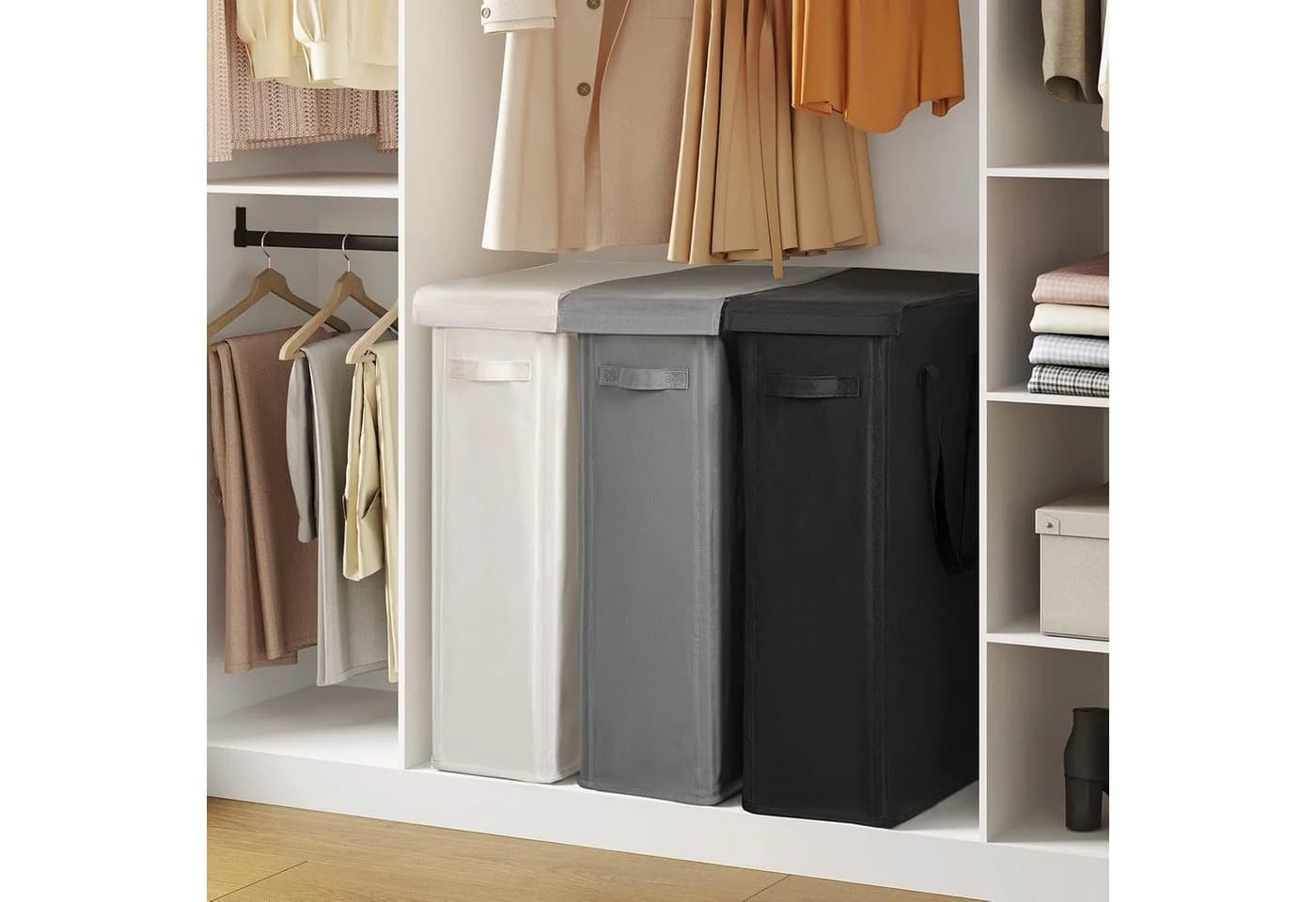 FABATO Wäschekorb 60L Beige/Schwarz Schmaler Wäschekorb mit Deckel - Bild 4