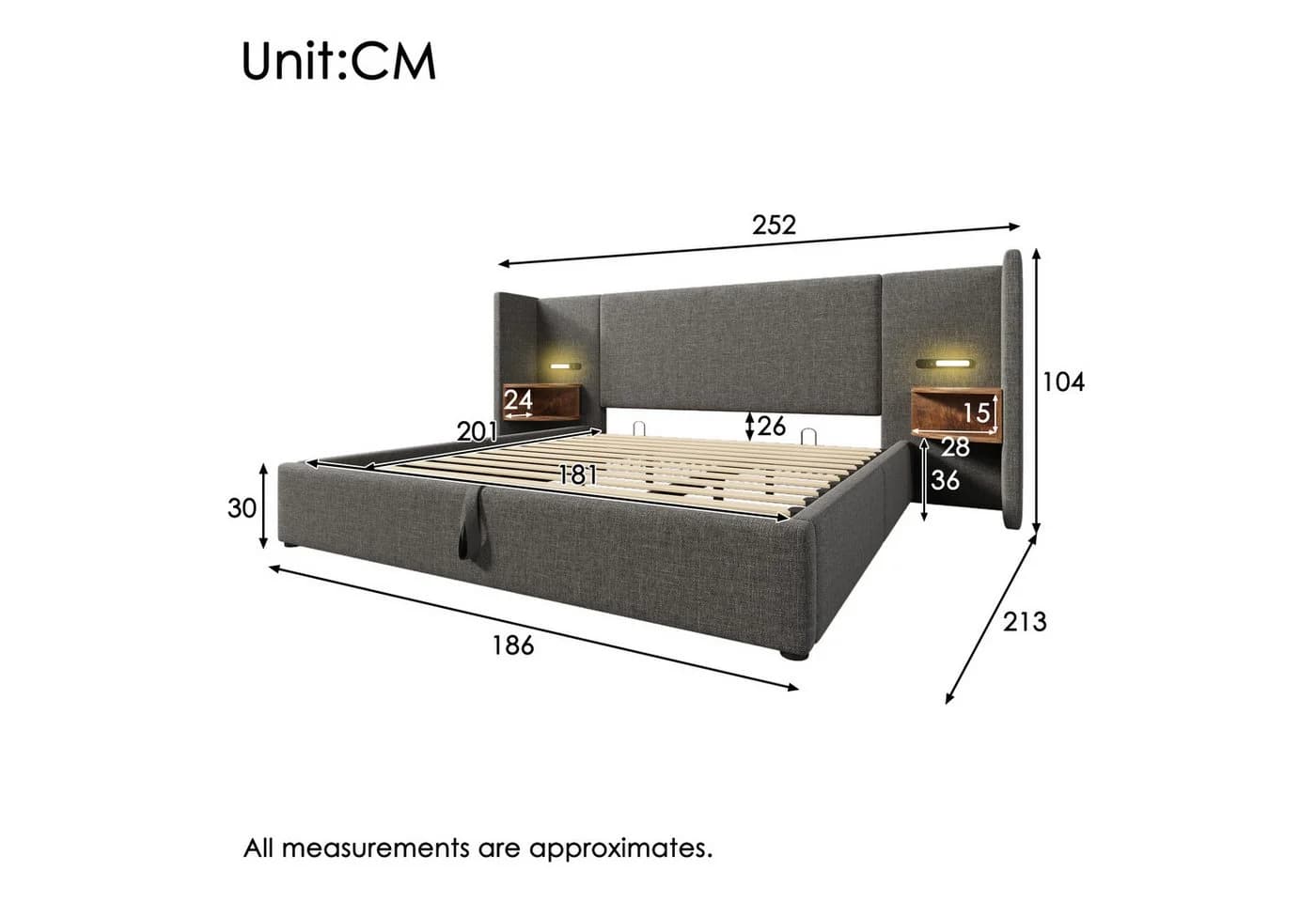 TavilaEcon Boxspringbett Grau mit Nachttisch und Ladefunktion