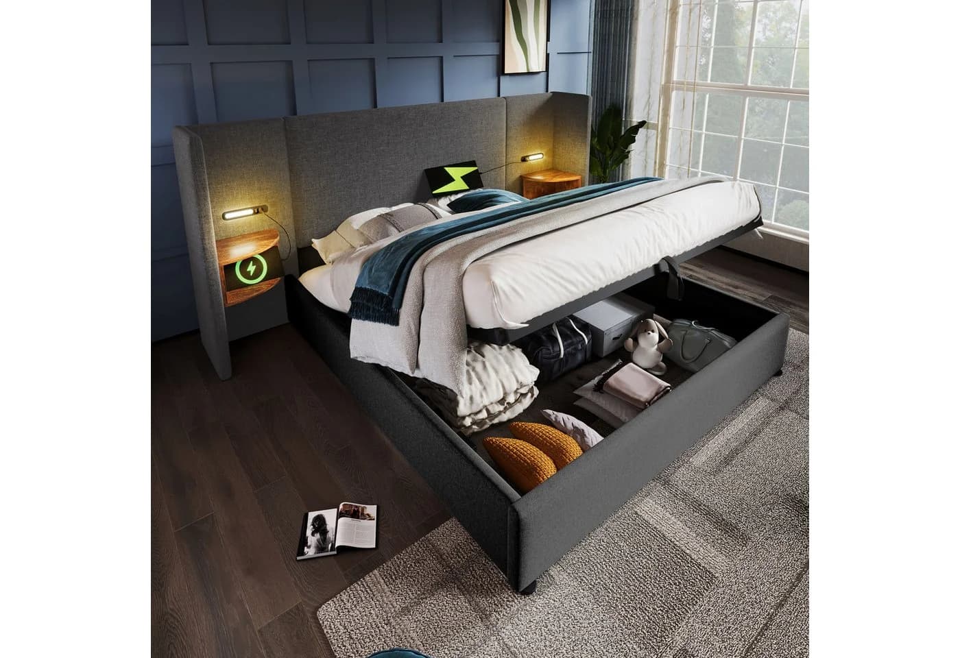 TavilaEcon Boxspringbett Grau mit Nachttisch und Ladefunktion - Bild 2