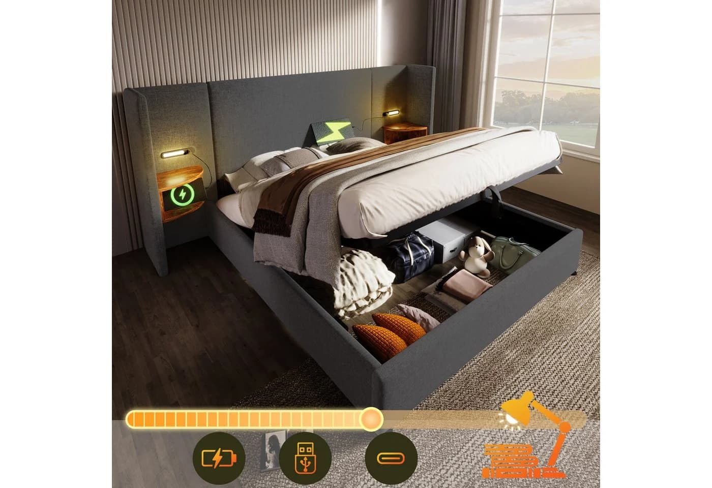 TavilaEcon Boxspringbett Grau mit Nachttisch und Ladefunktion - Bild 3