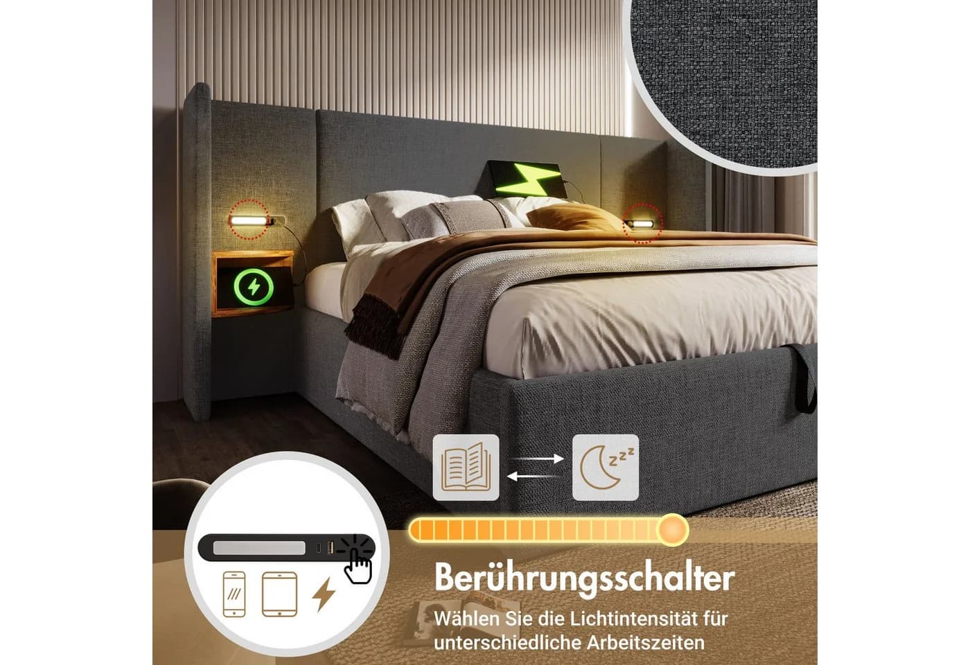 TavilaEcon Boxspringbett Grau mit Nachttisch und Ladefunktion - Bild 4