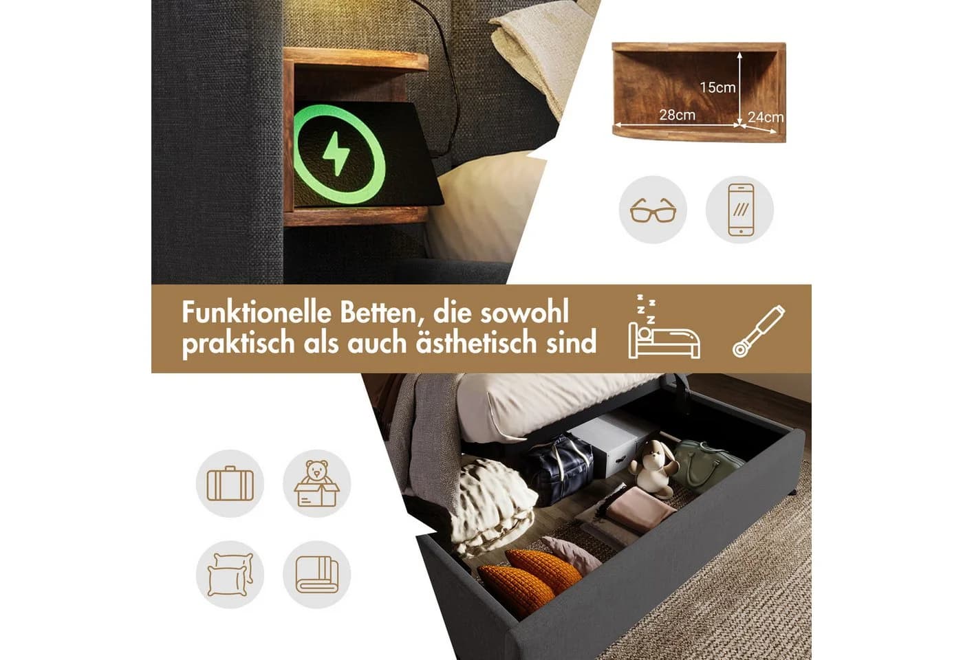 TavilaEcon Boxspringbett Grau mit Nachttisch und Ladefunktion - Bild 5
