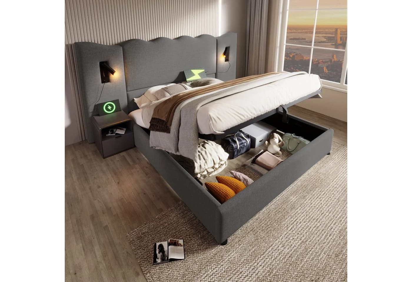 TavilaEcon Boxspringbett Grau Cordmaterial Wellenförmiges Design - Bild 2