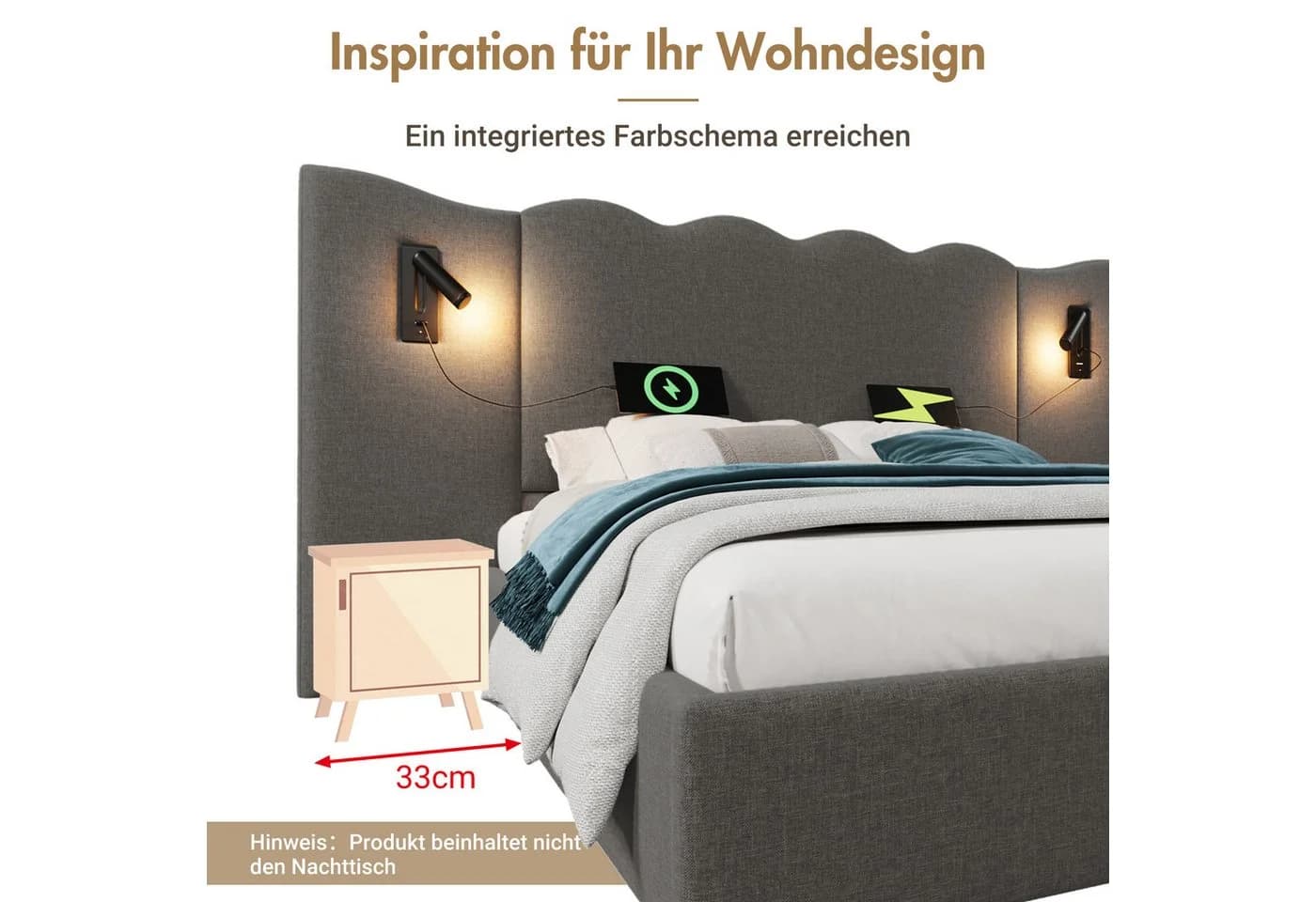 TavilaEcon Boxspringbett Grau Cordmaterial Wellenförmiges Design - Bild 5