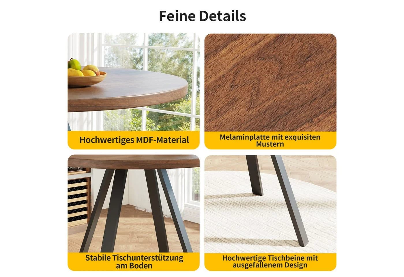 TavilaEcon Esstisch Rund Walnussfarben Metallische Schwarze Beine - Bild 3