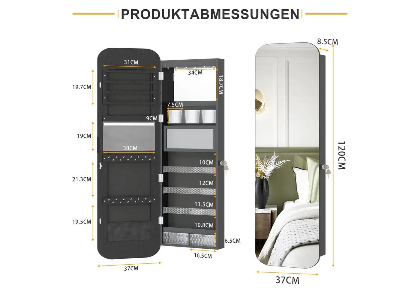 LVSOMT Schmuckschrank LED Ovaler Hängeschrank Abschließbarer Türspiegel/Wandspiegel mit Beleuchtung Gewölbter Spiegelschrank in Schwarz