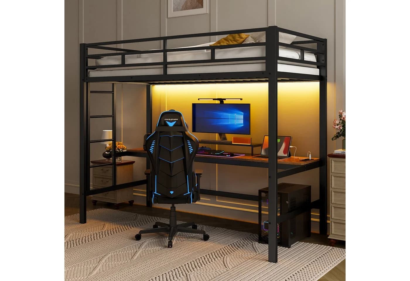 TavilaEcon Hochbett mit Tisch, LED-Beleuchtung und USB-Anschlüssen Schwarz - Bild 2