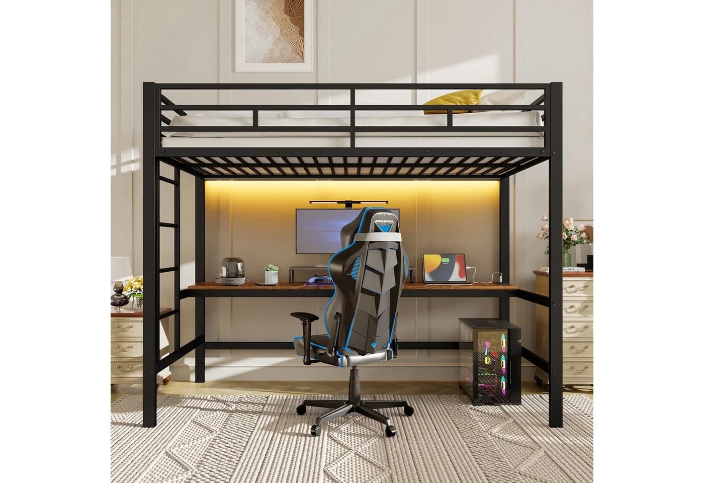 TavilaEcon Hochbett mit Tisch, LED-Beleuchtung und USB-Anschlüssen Schwarz - Bild 3