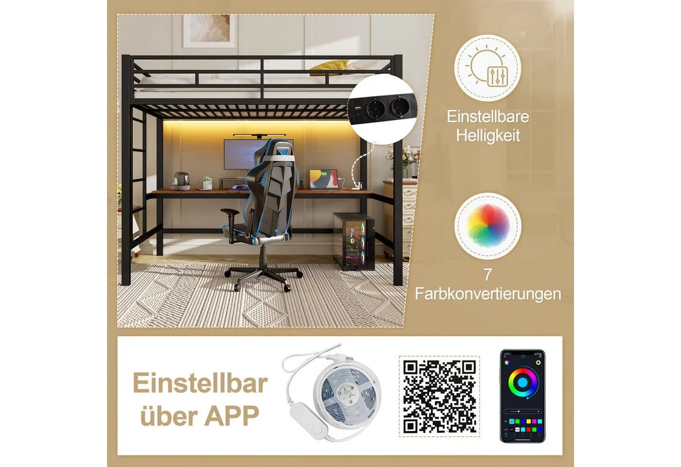 TavilaEcon Hochbett mit Tisch, LED-Beleuchtung und USB-Anschlüssen Schwarz - Bild 5