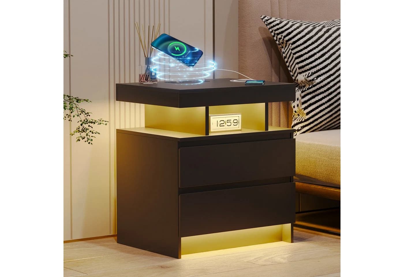 LVSOMT Nachttisch LED mit Ladestation 2 Schubladen Schwarz Modern - Bild 2