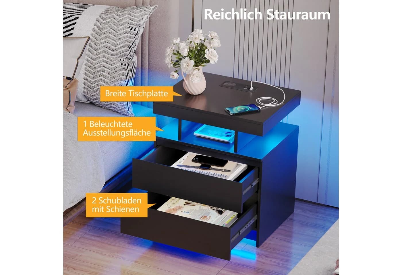 LVSOMT Nachttisch LED mit Ladestation 2 Schubladen Schwarz Modern - Bild 3