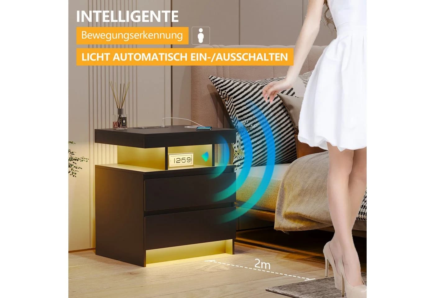 LVSOMT Nachttisch LED mit Ladestation 2 Schubladen Schwarz Modern - Bild 4