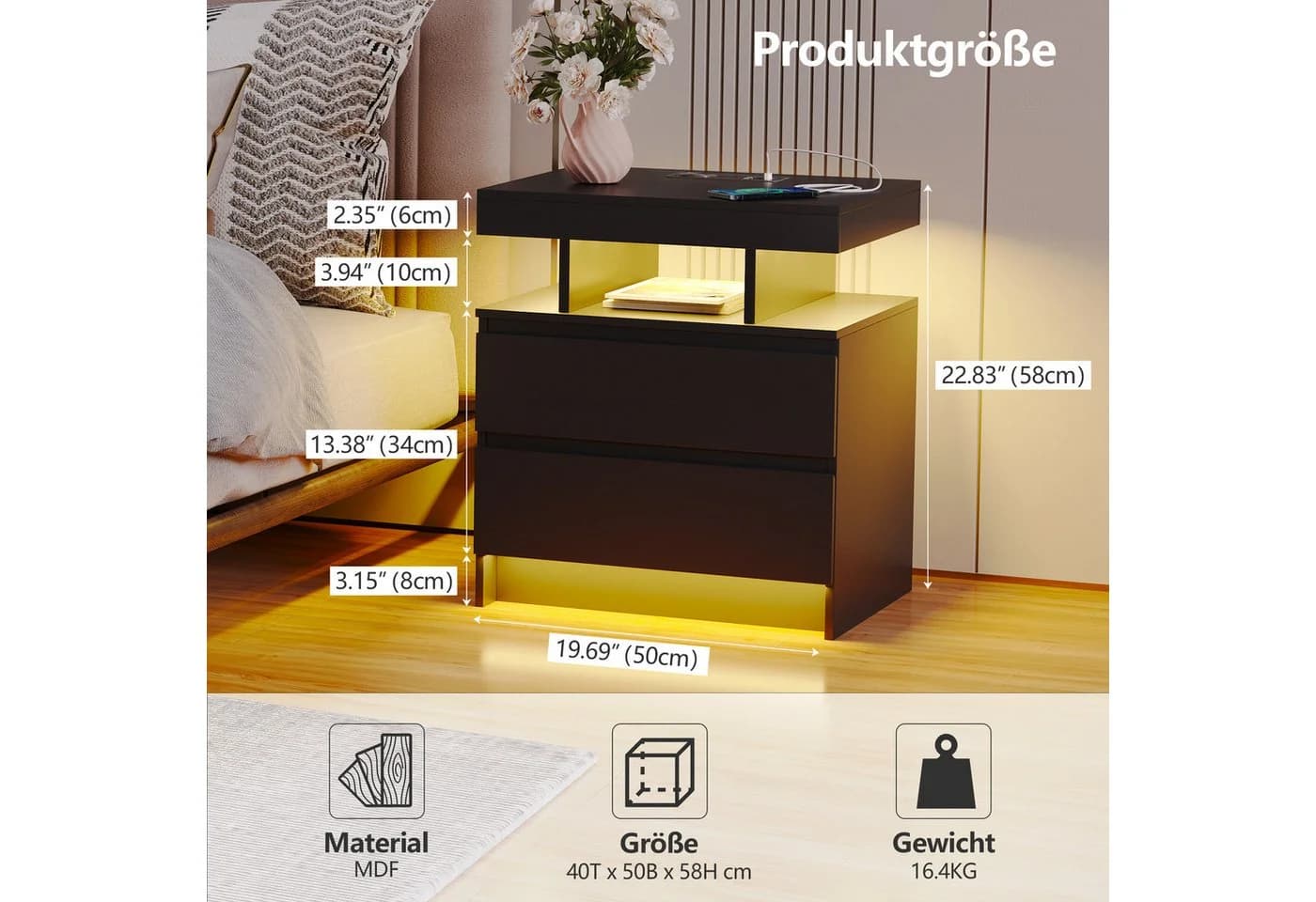 LVSOMT Nachttisch LED mit Ladestation 2 Schubladen Schwarz Modern - Bild 5