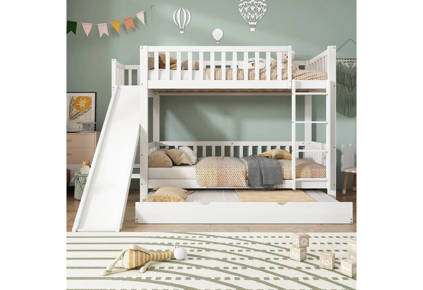 TavilaEcon Etagenbett Kinderbett Rollbett Fallschutzgitter Rutsche Regale Leiter Kiefer MDF Weiß