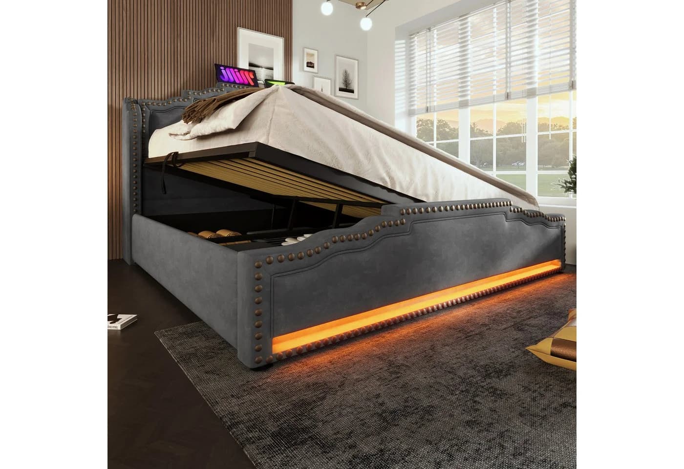 TavilaEcon Boxspringbett Doppelbett Grau mit Stauraum, LED-Beleuchtung und USB-C-Ladeanschluss - Bild 4