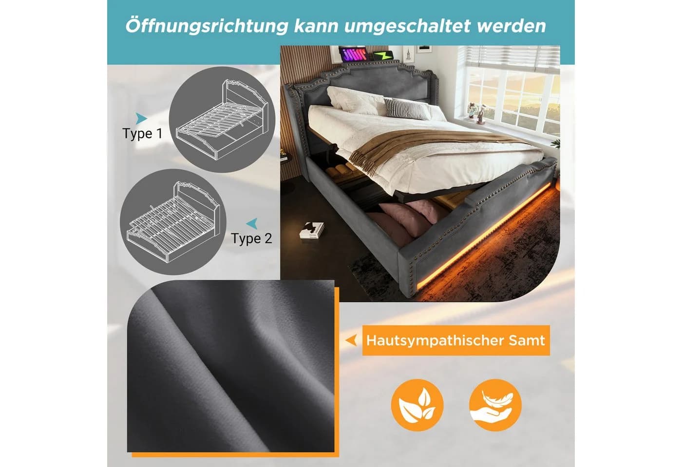 TavilaEcon Boxspringbett Doppelbett Grau mit Stauraum, LED-Beleuchtung und USB-C-Ladeanschluss - Bild 5