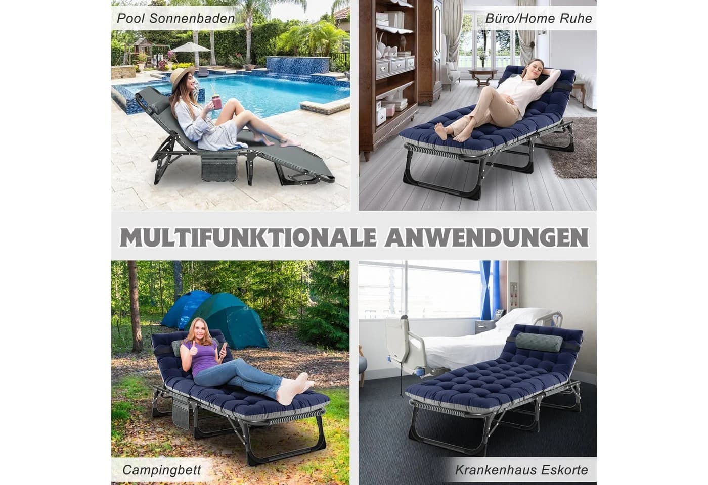 Meulbaty Klappbett mit verstellbarer Lehne und Matratze blau - Bild 3