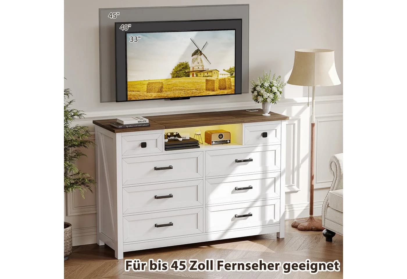 BROTTAR Schubkastenkommode 8 Schubladen LED-Spiegel Weiß/Braun - Bild 4